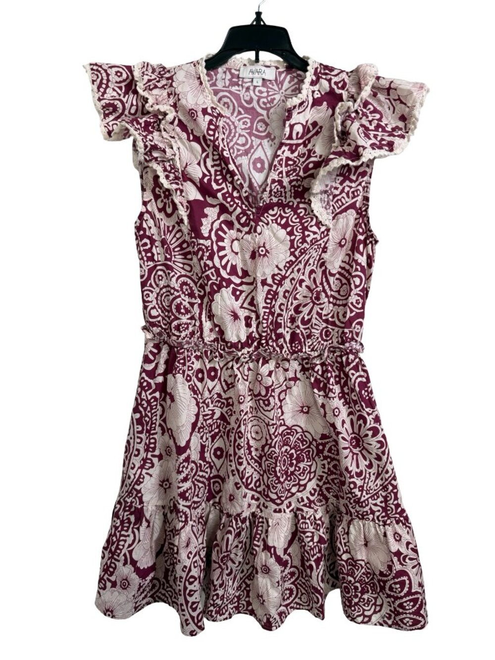 Avara Dress Large Burgundy Cream Floral Crochet Tiered Cotton Boho Pockets